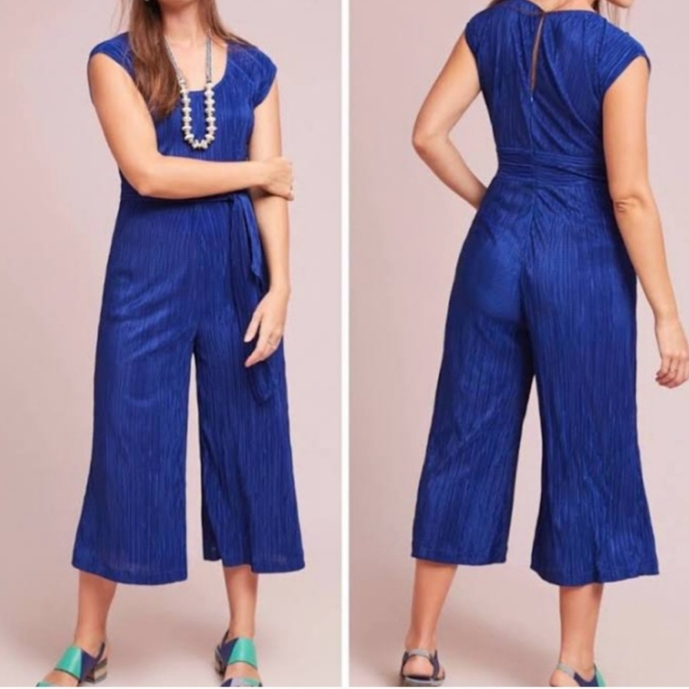 Maeve by Anthropologie NWOT Blue shiny jumpsuit Wide‎ Leg Capri Women's Size 4